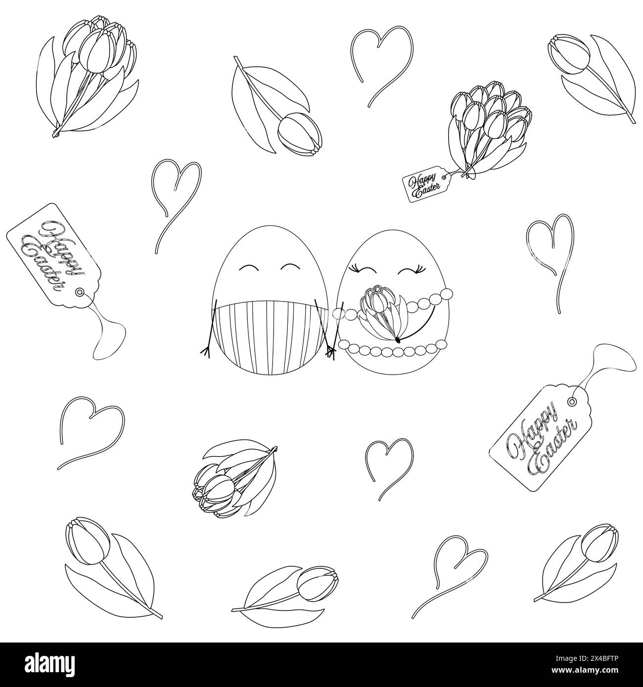 Anthropomorphic Easter happy couple of eggs in love. The male is giving a bouquet of tulips to the female. Cute Easter coloring pages for kids. Stock Vector