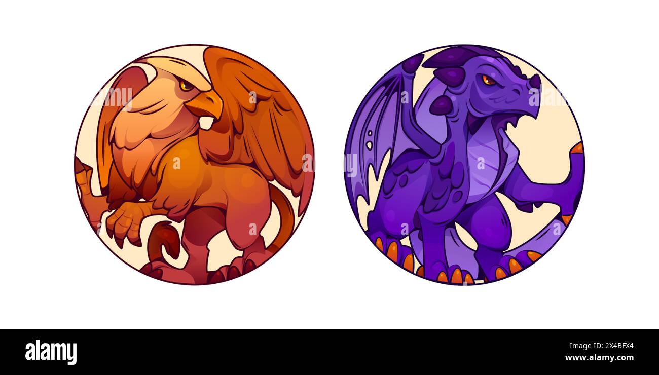 Griffin with wings and dragon game circle icon. Gryphon eagle bird ...