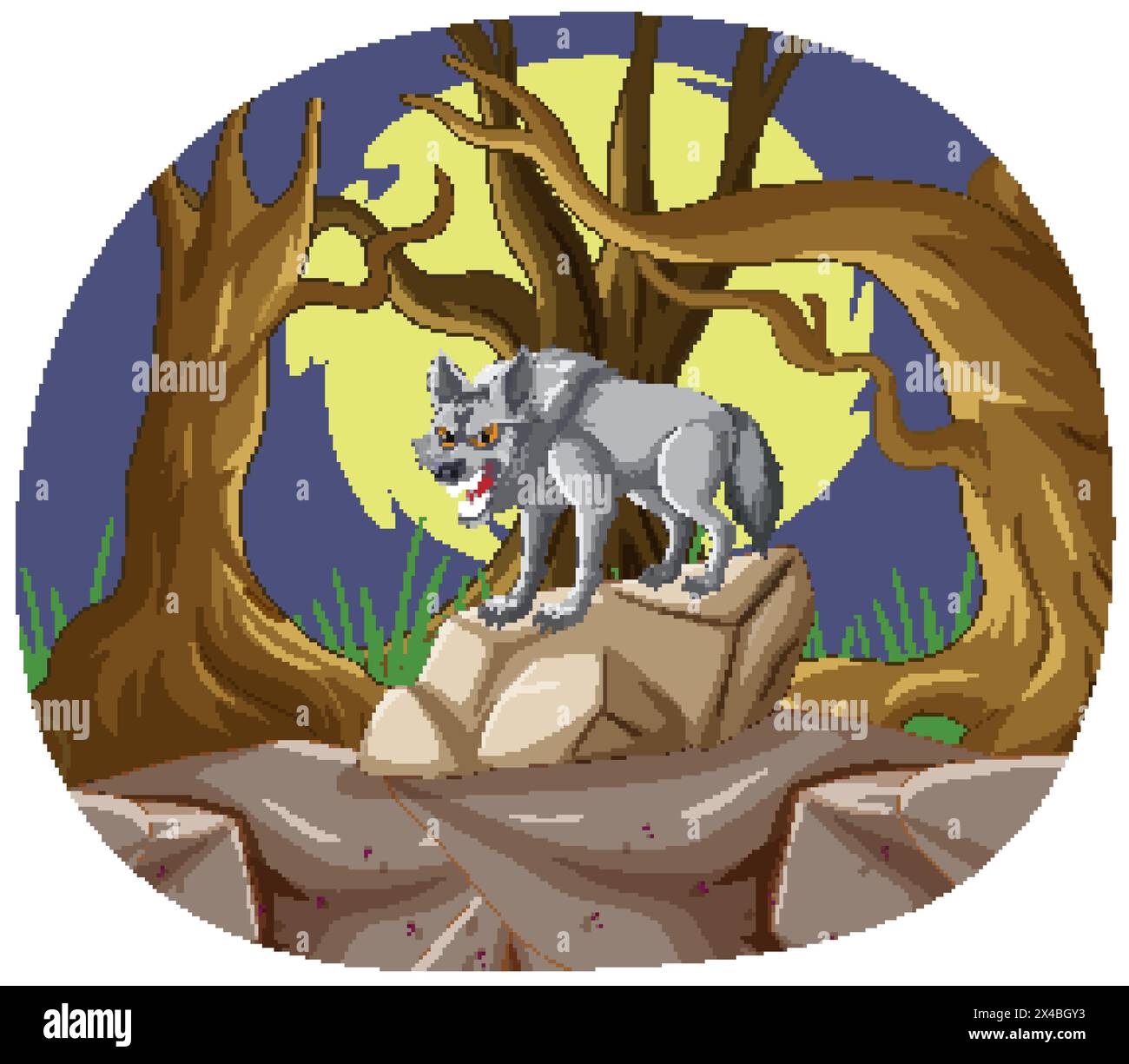 Illustration of a wolf howling on a rocky outcrop. Stock Vector