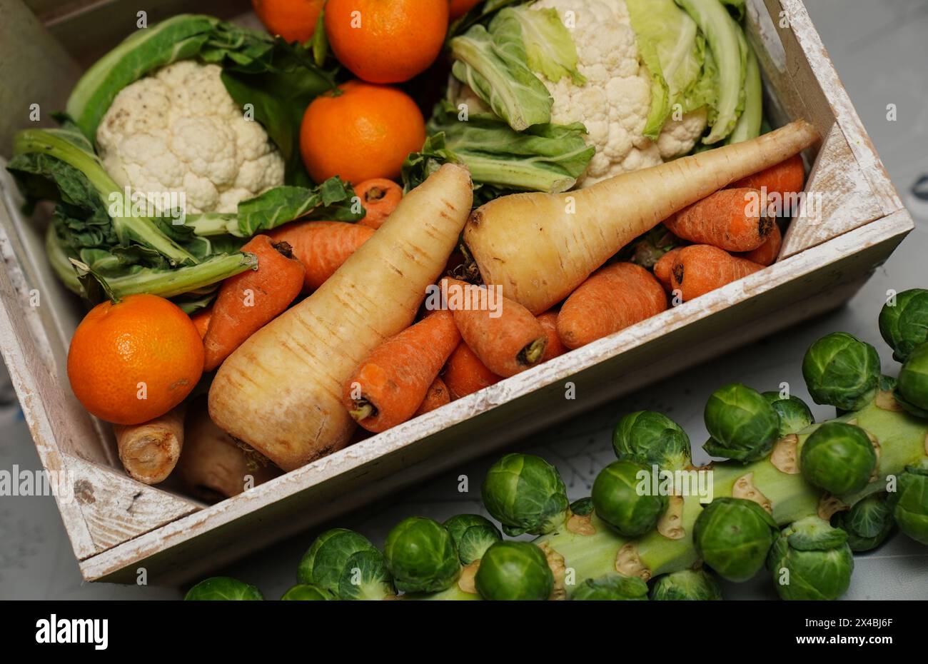 File photo dated 22/12/23 of a crate of fresh fruit and vegetables, including carrots, cauliflower, parsnips, brussel sprouts, apples, and oranges. A diet rich in plant-based foods such as vegetables, lentils, fruit, nuts and whole grains may help people with cancer live longer, studies suggest. A review published as four separate studies in the International Journal of Cancer (IJC) suggests a plant-based diet, along with an active lifestyle, could potentially improve the overall survival chances of patients with bowel cancer. Issue date: Thursday May 2, 2024. Stock Photo