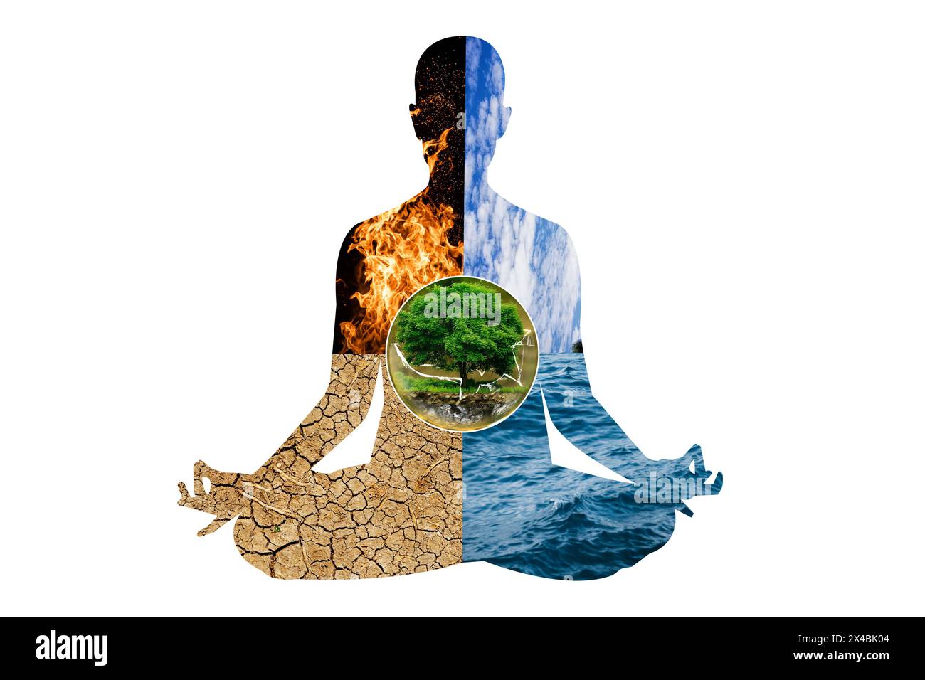 Yoga and meditation with five elements water fire earth tree Stock ...