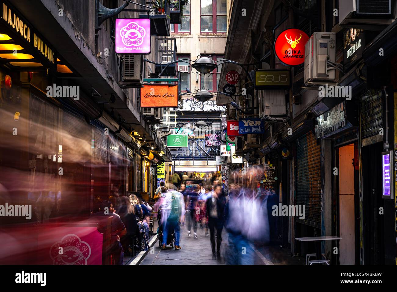 Centre Place is emblematic of Melbourne's vibrant laneway culture, characterized by its narrow cobblestone streets, boutiques, and street art. Stock Photo