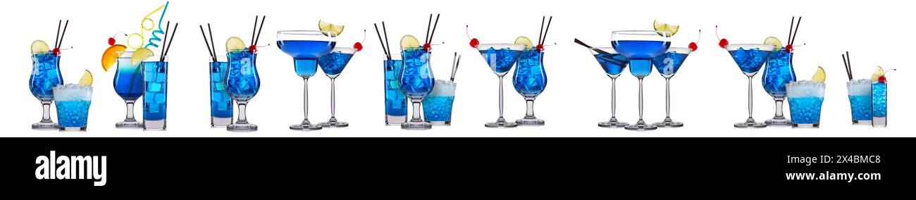 Set of blue cocktails with decoration from fruits and colorful straw isolated on white background. Stock Photo