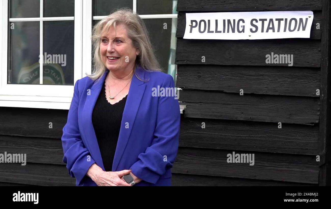 Screen grab taken from PA Video of Conservative party candidate for Mayor of London, Susan Hall arriving at the polling station at Hatch End Lawn Tennis Club, London, to cast her vote in the mayoral election. Picture date: Thursday May 2, 2024. Stock Photo