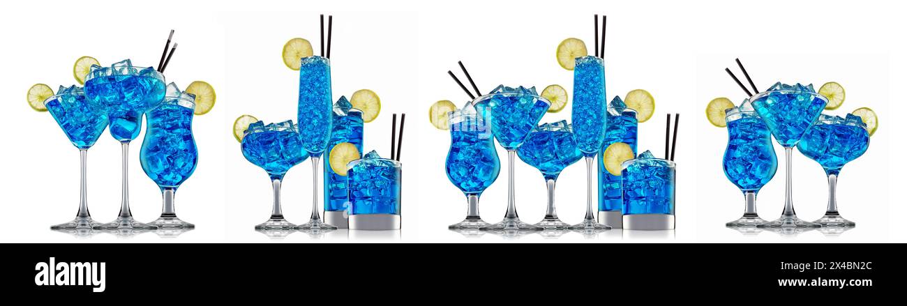 Set of cocktails with decoration from fruits and colorful straw isolated on white background. Stock Photo