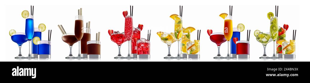Set of cocktails with decoration from fruits and colorful straw isolated on white background. Stock Photo