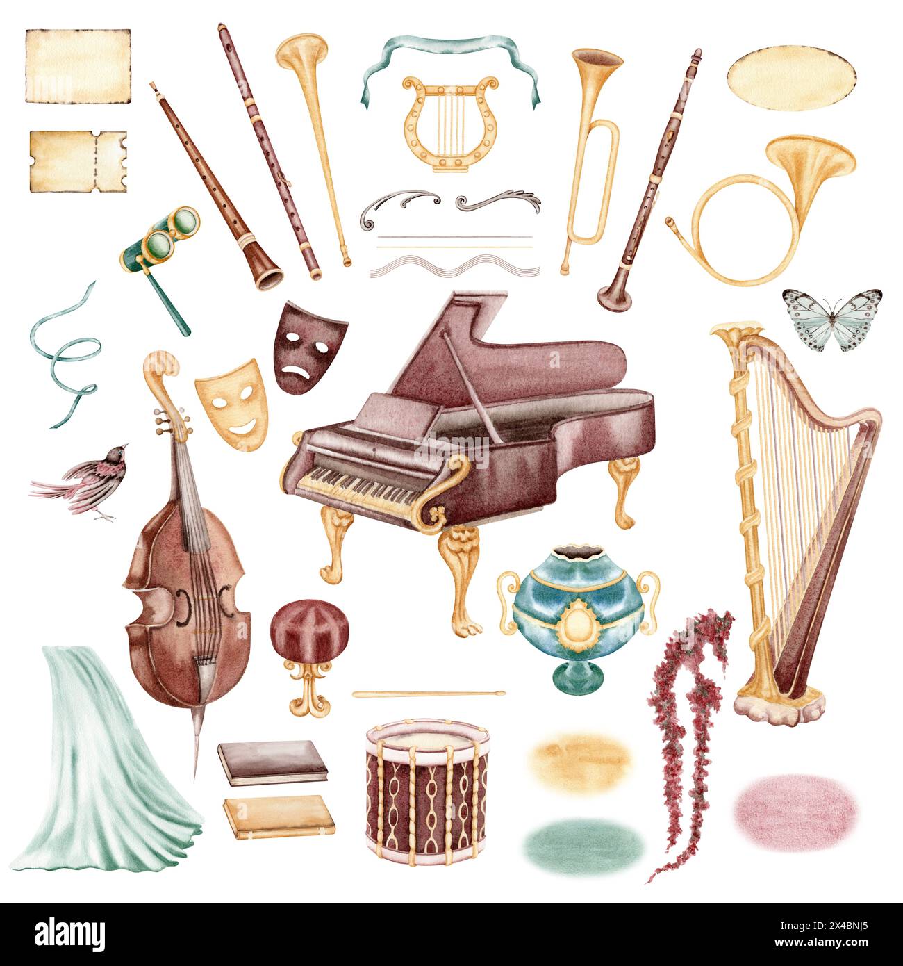 Classical music instruments watercolor illustration set. Vintage piano, harp, drum, bass, flute, clarinet, trumpet, horn, lyre for musical theatre, op Stock Photo