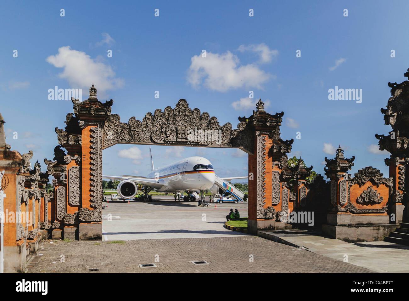The government aircraft A350 is parked at the airport in Denpasar during a refueling stop, May 2, 2024. Baerbock is traveling to Australia, New Zealand and Fiji for political talks./Photographed on behalf of the Federal Foreign Office. Stock Photo
