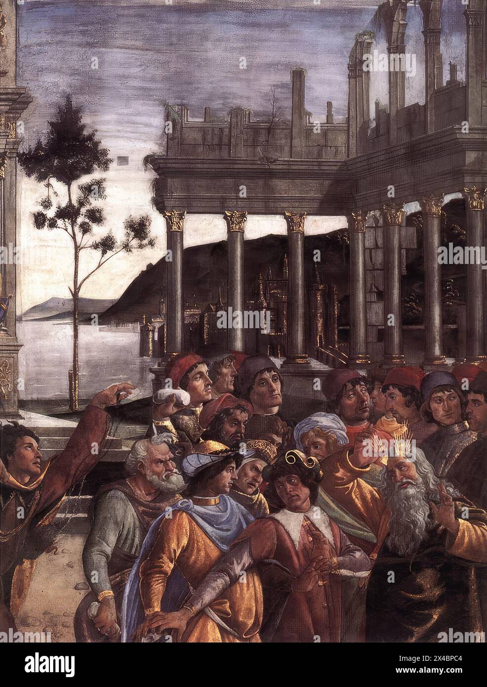 BOTTICELLI, Sandro (b. 1444, Firenze, d. 1510, Firenze)    The Punishment of Korah (detail)  1481-82  Fresco  Cappella Sistina, Vatican    On the right-hand side of the fresco, the revolt of the Jews against Moses is related, the latter portrayed as an old man with a long white beard, clothed in a yellow robe and an olive-green cloak. Irritated by the various trials through which their emigration from Egypt was putting them, the Jews demanded that Moses be dismissed. They wanted a new leader, one who would take them back to Egypt, and they threatened to stone Moses; however, Joshua placed hims Stock Photo