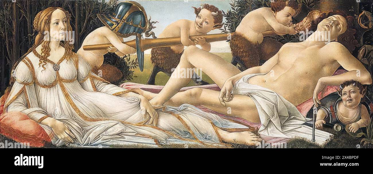 BOTTICELLI, Sandro (b. 1445, Firenze, d. 1510, Firenze)    Venus and Mars  1480s  Tempera on wood, 69 x 173,5 cm  National Gallery, London    This painting derives from classical art and probably from the very same Roman sarcophagus which was also to provide the inspiration for the face of the centaur in Pallas and the Centaur. The painting has been subject to many different interpretations. Venus, calm and self-assured, watches the sleeping Mars, while little fauns playfully rush about the scene. This can all be connected with Humanist themes: Venus as the personification of love conquering M Stock Photo