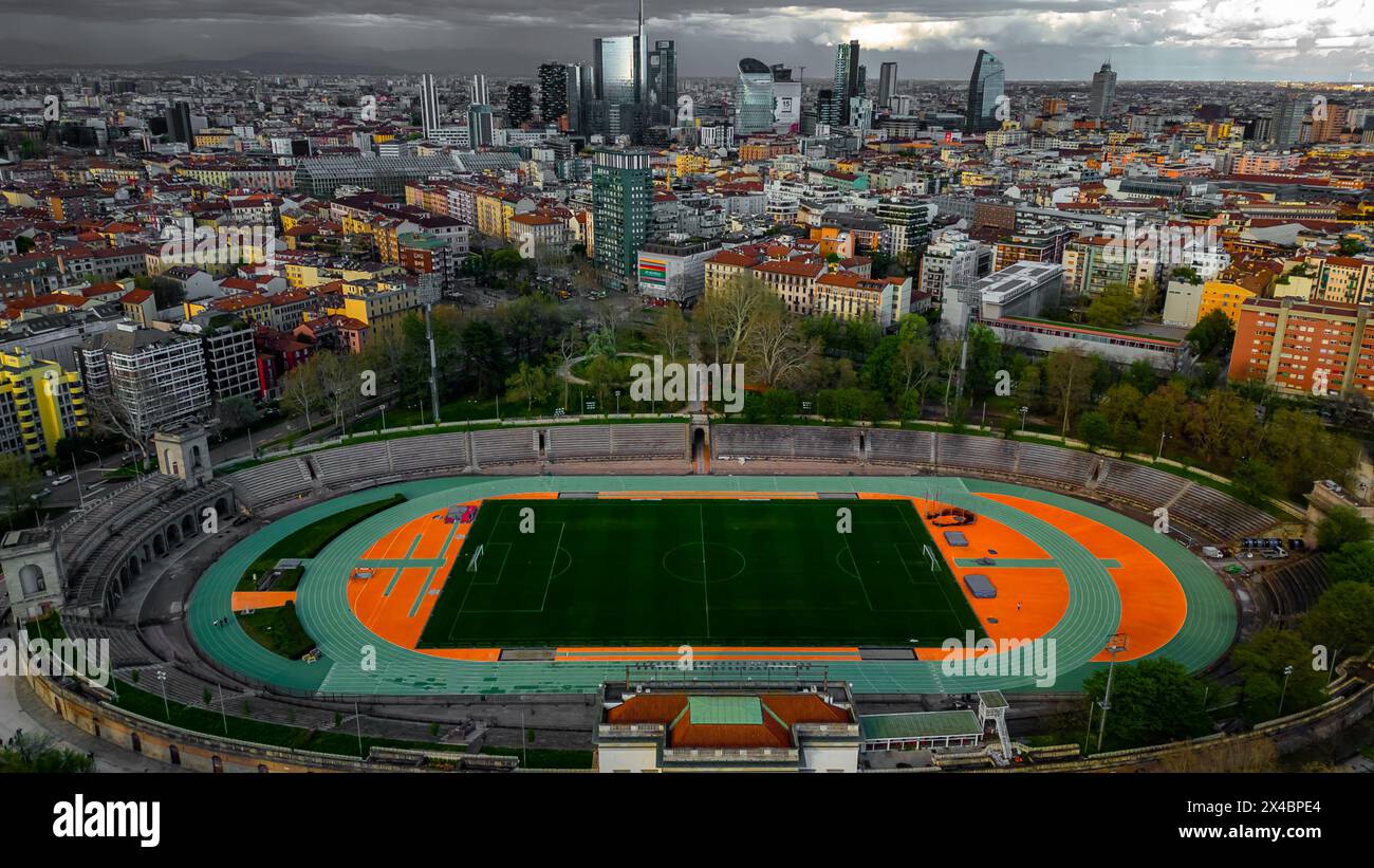 Football stadium view from above in cloudy weather. Arena Civica Gianni