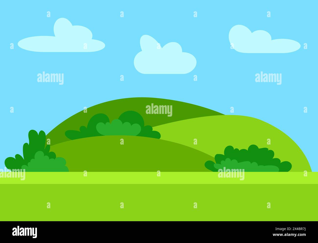 Natural cartoon landscape in the flat style with green hills, blue sky  and clouds at sunny day. Vector illustration Stock Vector