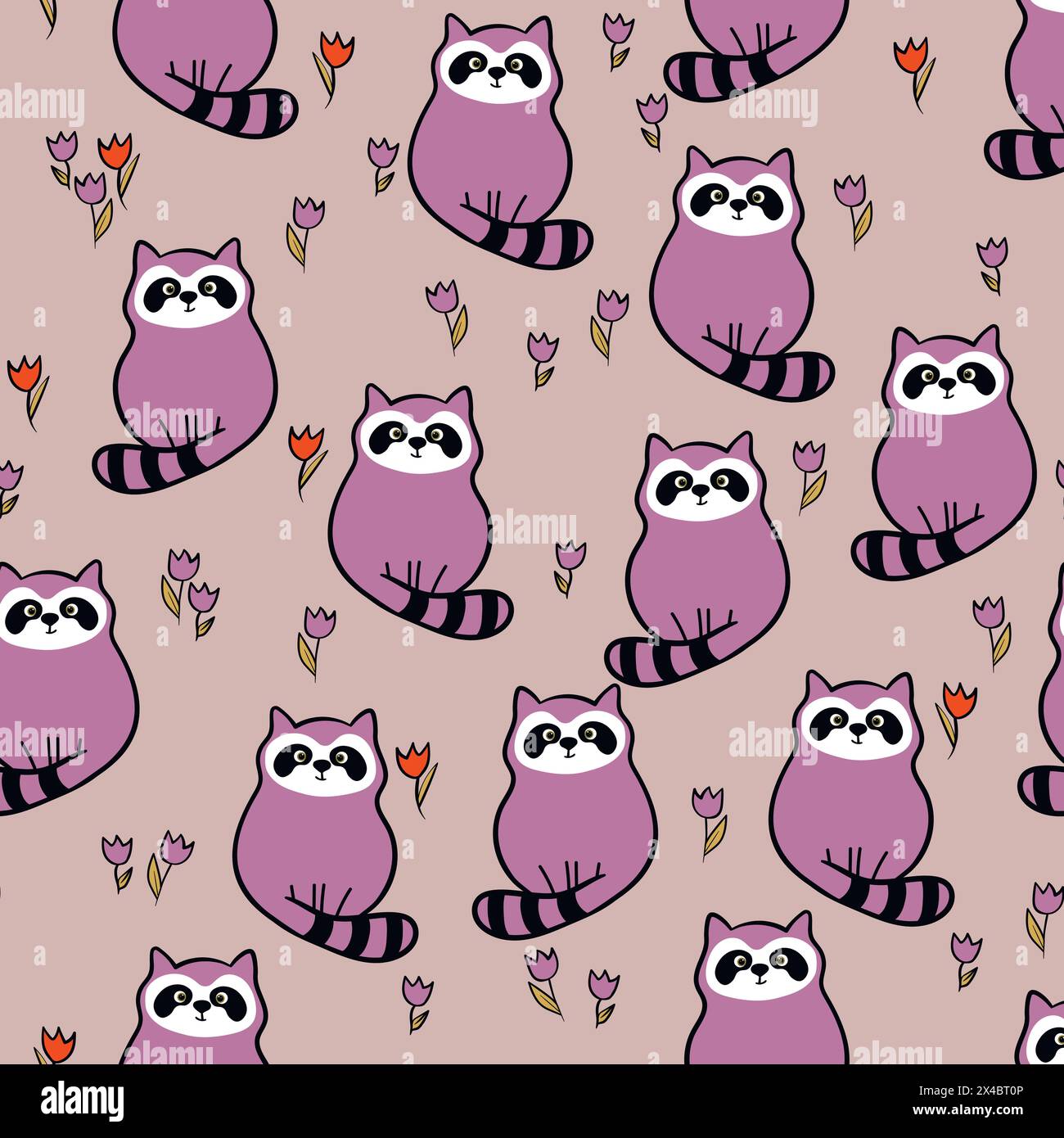 Vector seamless repeating childish pattern with cute raccoon in doodle ...