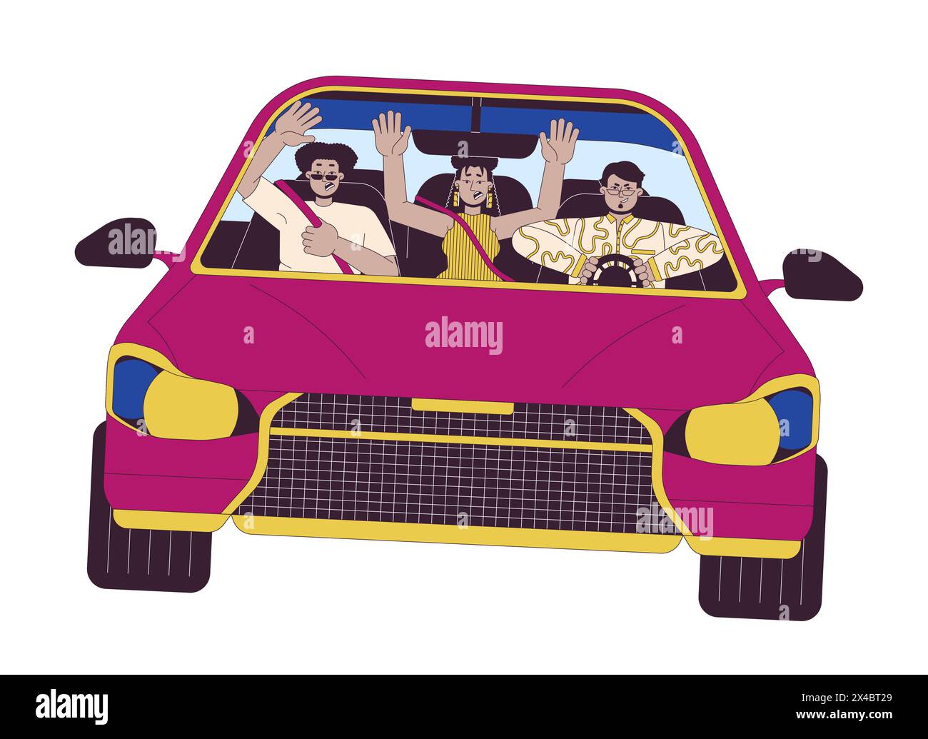 Multiracial friends riding car recklessly 2D linear cartoon characters