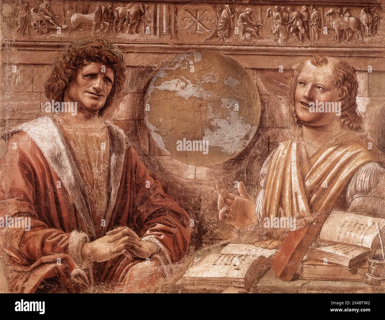 BRAMANTE (b. 1444, Fermignano, d. 1514, Roma)    Heraclitus and Democritus  1477  Fresco transferred to canvas  Pinacoteca di Brera, Milan    Democritus (c. 460 - c. 370 B.C.) and Heraclitus (c. 540 - c. 475 B.C.) are known as the 'laughing and crying philosophers.'    Democritus, a Greek philosopher, born at Abdera in Thrace, was known as the laughing philosopher because he found amusement in the folly of mankind. (The citizens of Abdera were proverbially stupid.) His philosophic system was contrasted with that of the earlier Heraclitus of Ephesus, who was known as the 'Dark' or 'Obscure' and Stock Photo