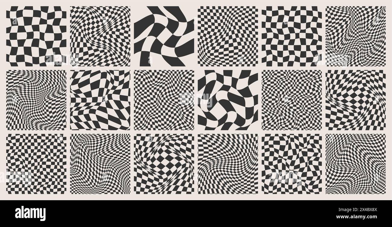 Trendy checkered pattern, black and white distorted tiled grid. Wavy ...