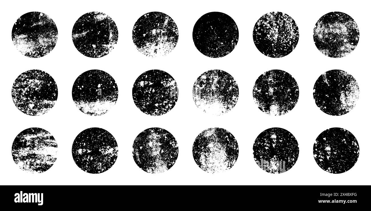 Round Scratch Vector Grunge circles with stains and scratches. Circle brush stroke, round ...