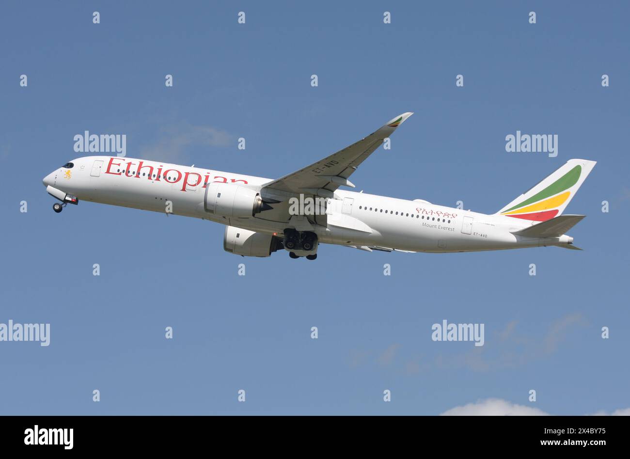 An Airbus A350-900 of Ethiopian Airlines departs London Gatwick Airport Stock Photo