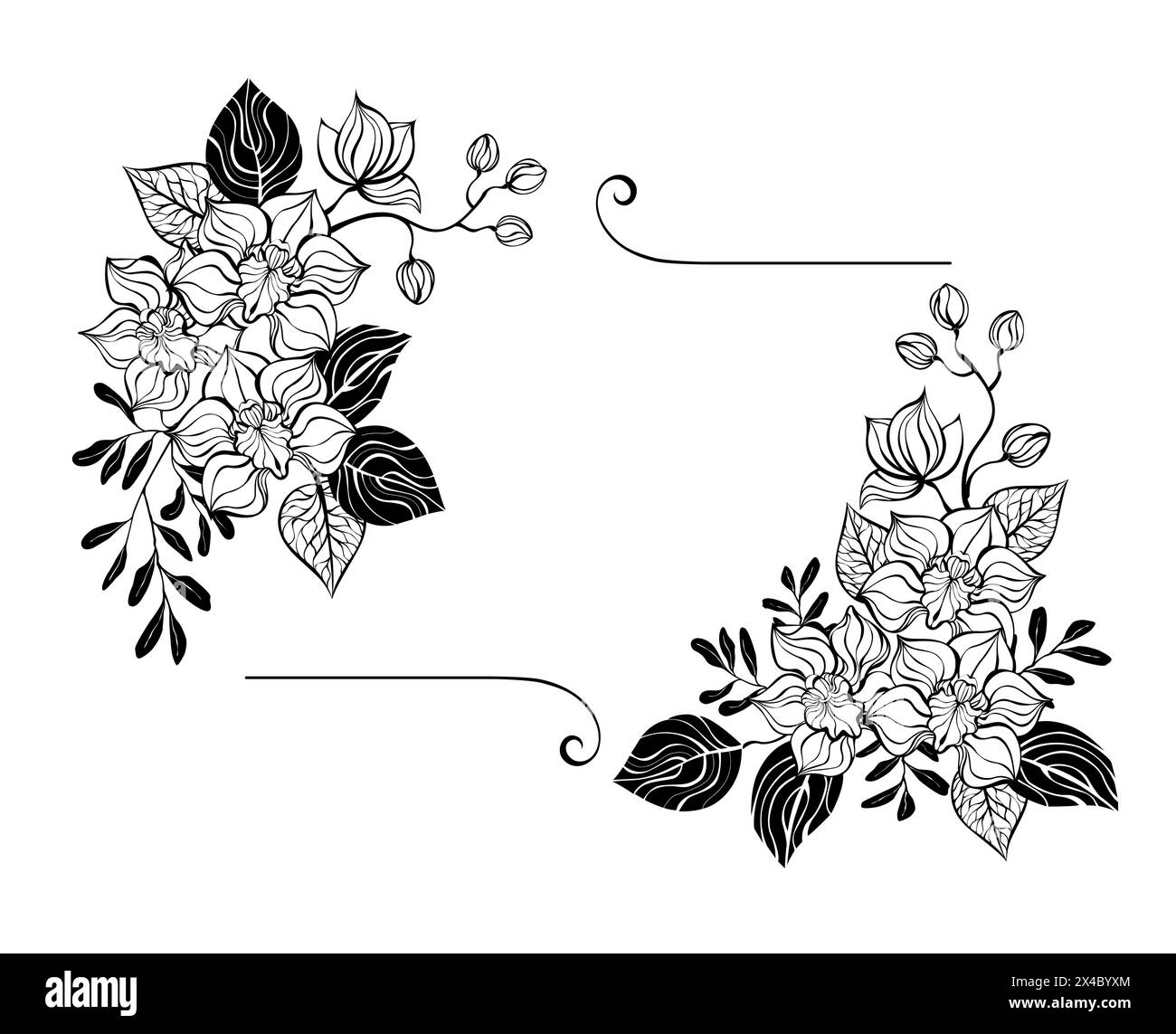 Rectangular floral composition of artistically drawn, black contoured orchids with silhouetted pistachio and eucalyptus twigs on white background. Con Stock Vector