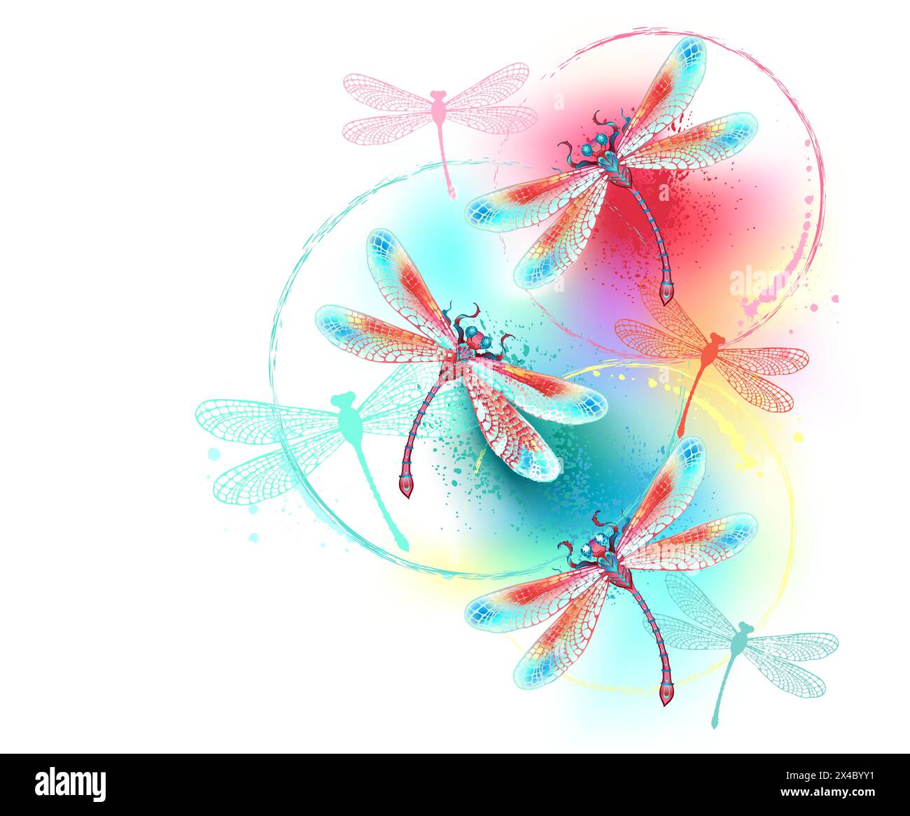 Swarm of red, artistically drawn, detailed dragonflies on background painted over with red, blue and green watercolor paint. Red dragonfly. Summer des Stock Vector