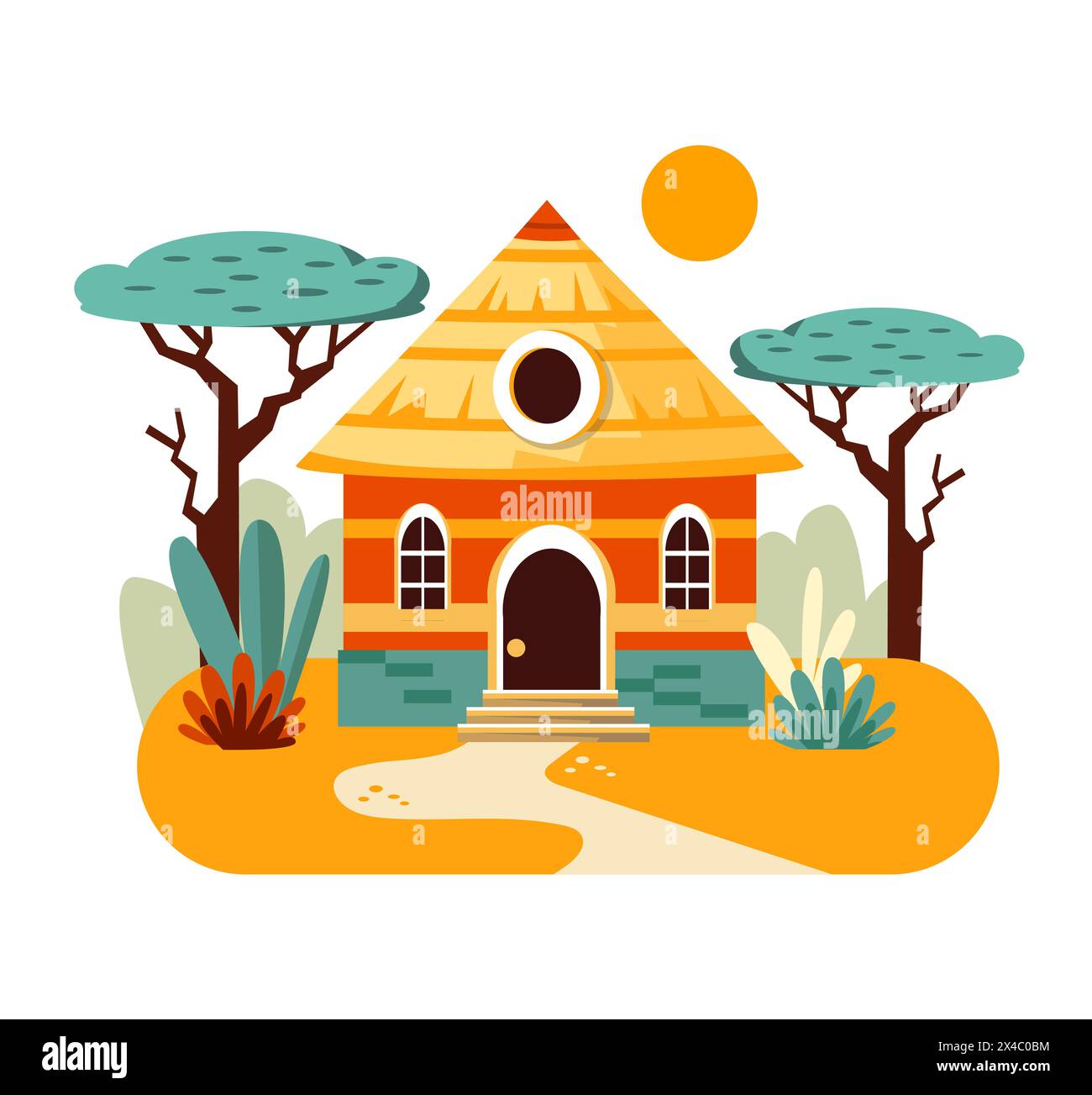 African hut in desert. House with porch and windows, thatched roof. Vector isolated illustration. Stock Vector