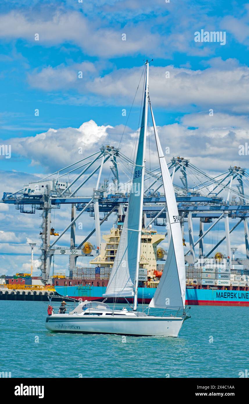 Yacht passes Auckland container port at ferguson Wharf on the Waitemata harbour. Stock Photo