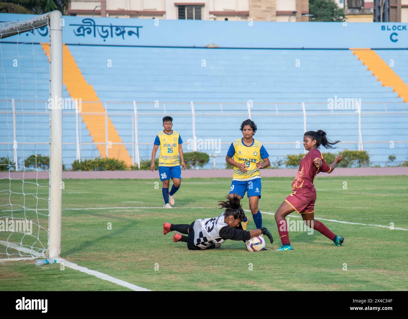 Kolkata, India. 02nd May, 2024. Bengal Women football team wins in style with thrashing victory by 7-1 margin against Punjab in Senior Women's National Football Championship for Rajmata Jijabai Trophy at Kishor Bharati Stadium. Punjab 1 (Nisha 63') lost to Bengal 7 (Mousumi Murmu 2', Rimpa Haldar 13', 38', 51', Poonam Sharma 69', Sulanjana Raul 83', Dular Marandi 90 7'). (Photo by Amlan Biswas/Pacific Press) Credit: Pacific Press Media Production Corp./Alamy Live News Stock Photo