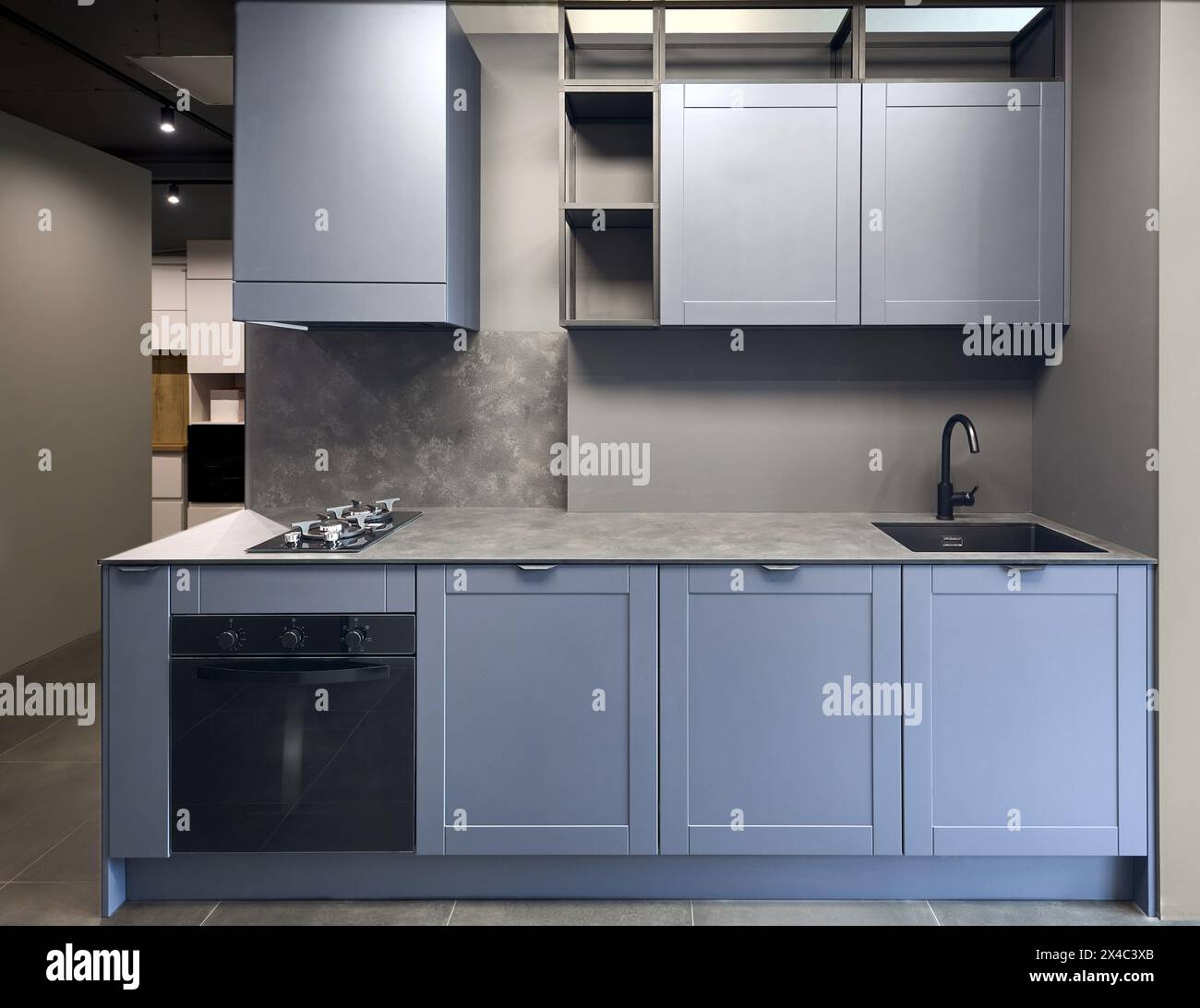 Blue gray contemporary kitchen linearlayout with hood, two burners gas