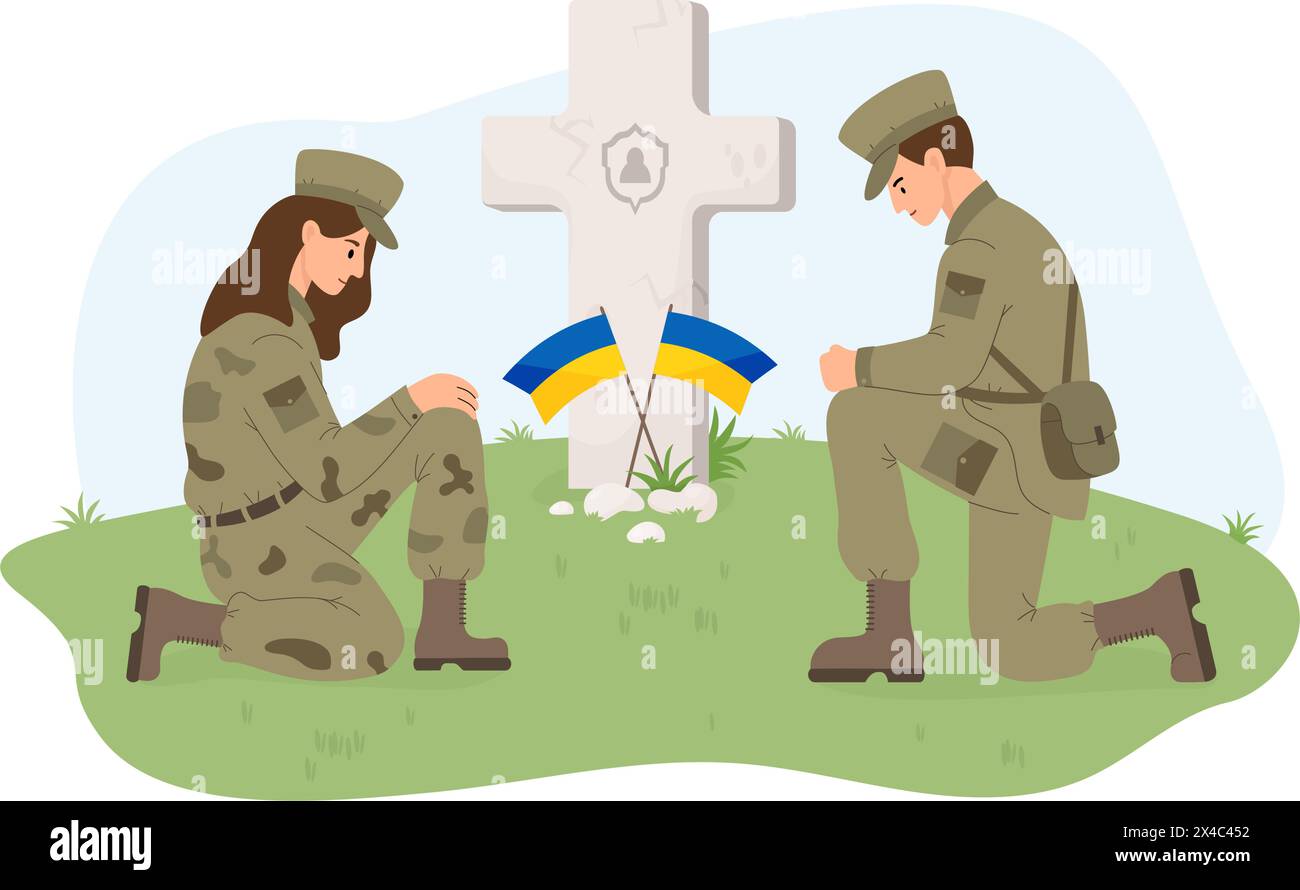 Military soldiers woman and man on one knee in front of grave cross ...