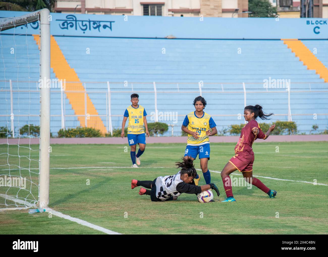 Kolkata, West Bengal, India. 2nd May, 2024. Bengal Women football team wins in style with thrashing victory by 7-1 margin against Punjab in Senior Women's National Football Championship for Rajmata Jijabai Trophy at Kishor Bharati Stadium. Punjab 1 (Nisha 63') lost to Bengal 7 (Mousumi Murmu 2', Rimpa Haldar 13', 38', 51', Poonam Sharma 69', Sulanjana Raul 83', Dular Marandi 90 7â (Credit Image: © Amlan Biswas/Pacific Press via ZUMA Press Wire) EDITORIAL USAGE ONLY! Not for Commercial USAGE! Stock Photo