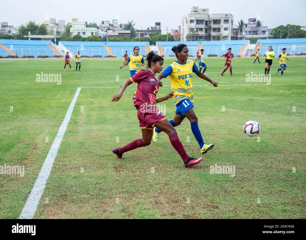 Kolkata, West Bengal, India. 2nd May, 2024. Bengal Women football team wins in style with thrashing victory by 7-1 margin against Punjab in Senior Women's National Football Championship for Rajmata Jijabai Trophy at Kishor Bharati Stadium. Punjab 1 (Nisha 63') lost to Bengal 7 (Mousumi Murmu 2', Rimpa Haldar 13', 38', 51', Poonam Sharma 69', Sulanjana Raul 83', Dular Marandi 90 7â (Credit Image: © Amlan Biswas/Pacific Press via ZUMA Press Wire) EDITORIAL USAGE ONLY! Not for Commercial USAGE! Stock Photo
