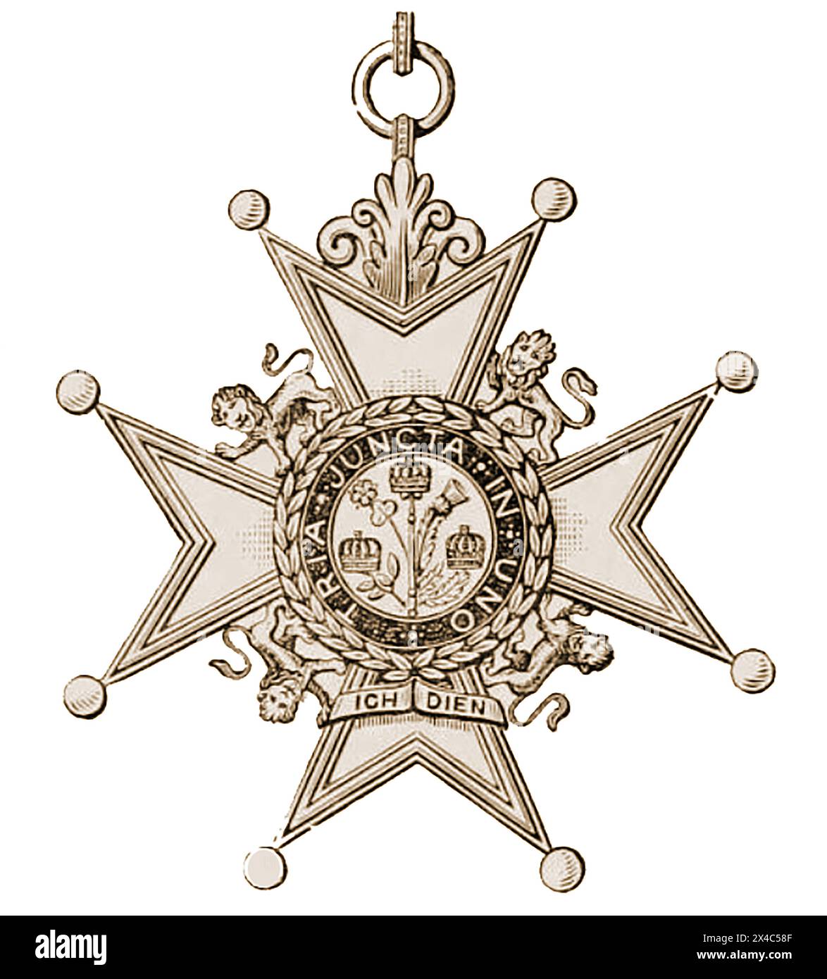 An old illustration of the Badge of a Companion of the Order of the Bath (UK) . The order is divided into three classes: Knight Grand Cross (GCB), Knight Commander (KCB), and Companion (CB). The Companion of the Order of the Bath is the third-highest rank in the order.  Founded in 1725 by King George I, it was originally a military award . Stock Photo