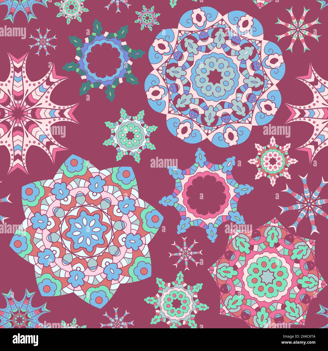 Bright seamless background with circle mandala ornaments. Stock Vector