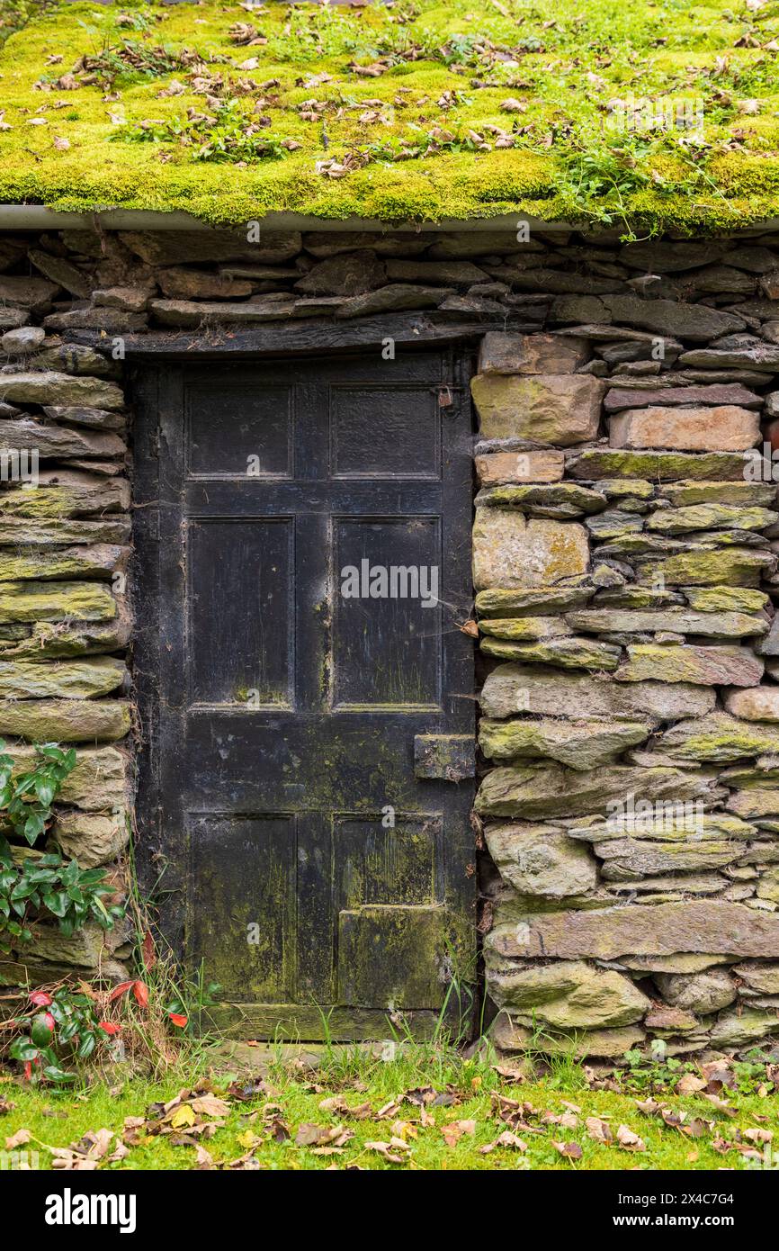 England, Cumbria, Bampton. Moss-covered, stone house or out-building. Stone walls. Stock Photo