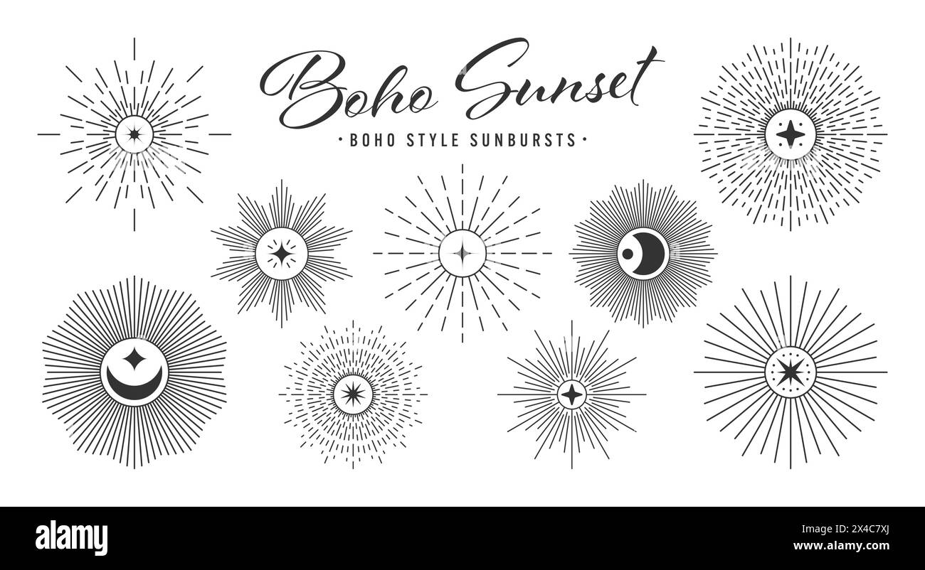 Vintage sunburst, sunset beams collection. Boho style, modern minimalist bohemian design. Hand drawn bursting sun, light rays. Logotype or lettering Stock Vector