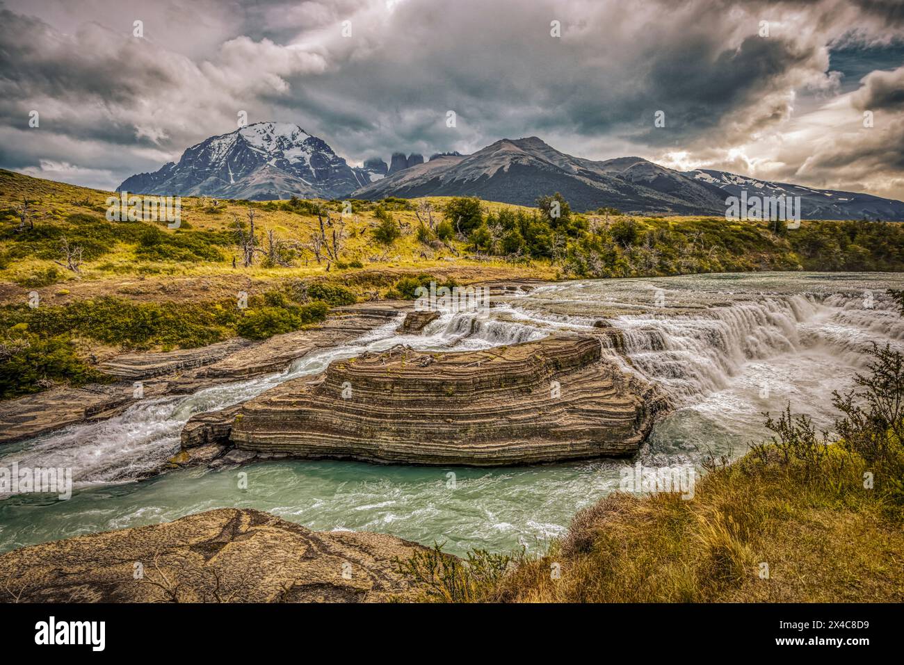 Chile, Patagonia National Park. Landscape with Salto Grande Waterfall and mountains. Stock Photo