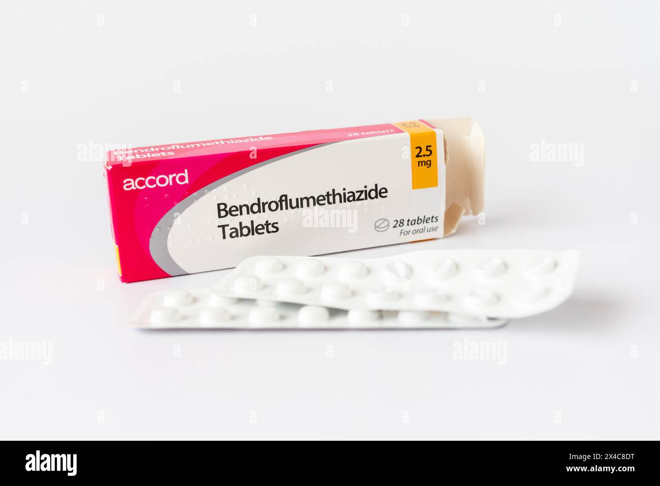 Photograph of a box of Bendroflumethiazide 2.5mg tablets against a white background. Stock Photo