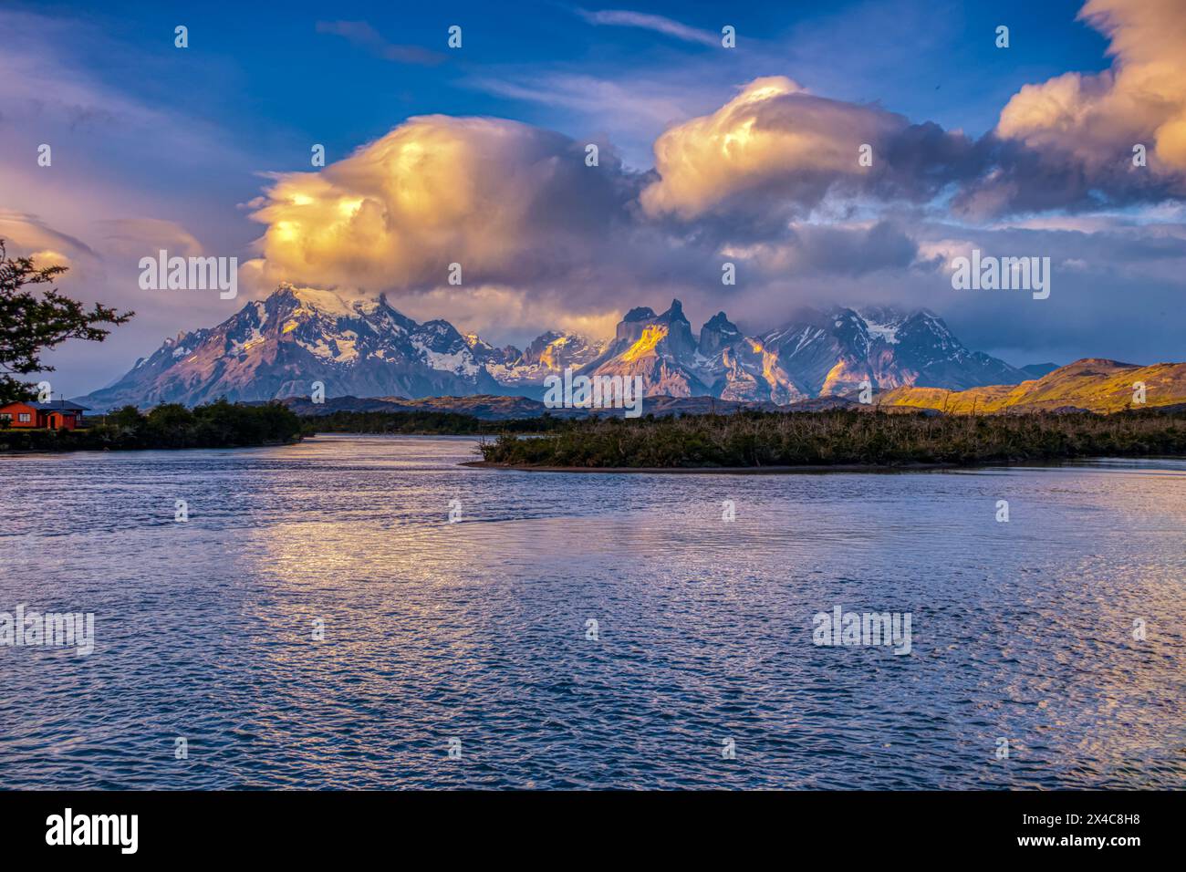 Chile, Torres del Paine National Park. Landscape with Serrano River and Cuernos del Paine mountains. Stock Photo