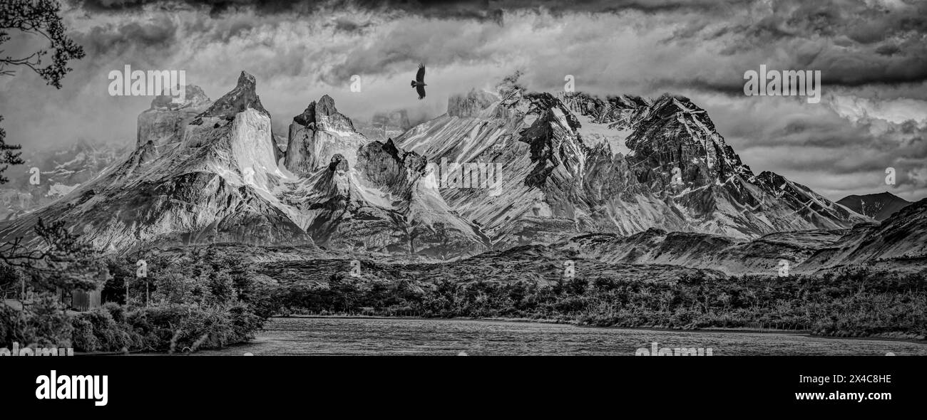 Chile, Torres del Paine National Park. Black and white panoramic with lake and Cerro Paine Grande mountains. Stock Photo