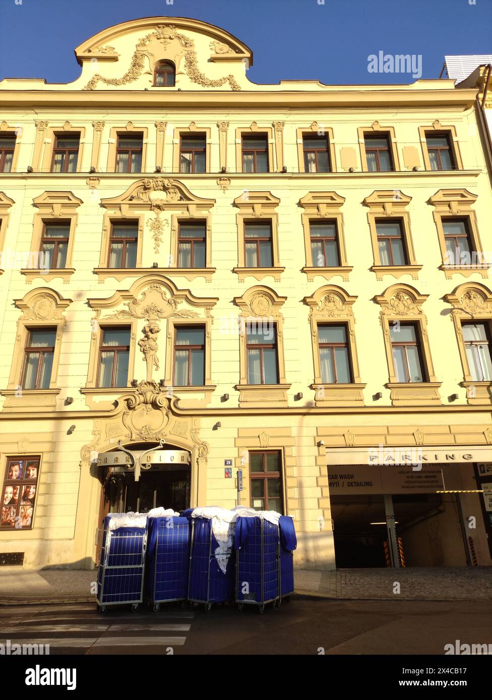 Prague, Czech republic May 2, 2024 bed linen in blue boxes, district