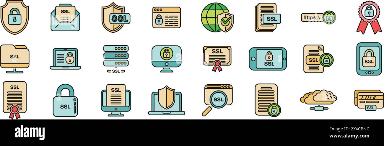 SSL certificate icons set outline vector. Ssl security. Scan virus thin line color flat on white Stock Vector