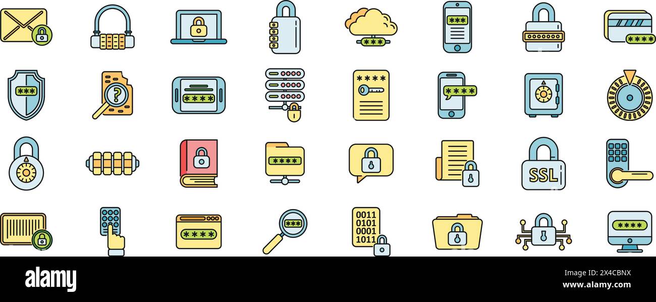 Cipher icons set outline vector. Data security. Lock protection thin line color flat on white Stock Vector
