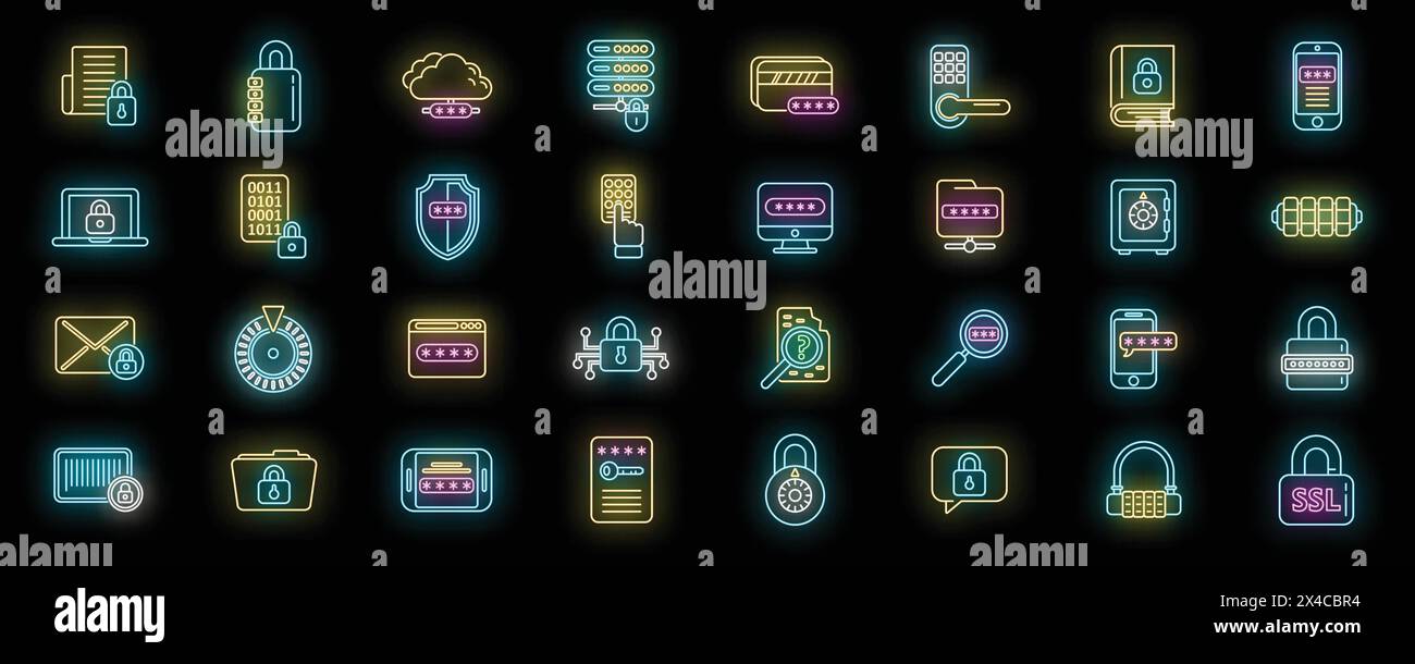 Cipher icons set outline vector. Data security. Lock protection neon color on black Stock Vector