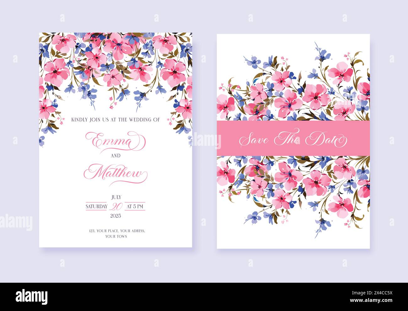 Wedding invitation card with beautiful blue and pink flowers Stock ...