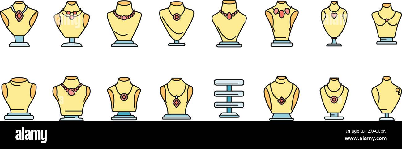 Jewelry dummy icons set outline vector. Bust chain. Diamond fashion thin line color flat on white Stock Vector