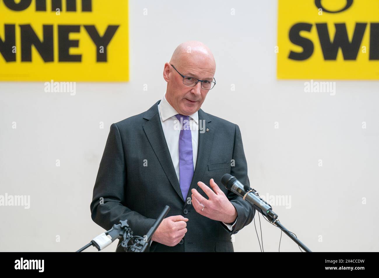 Former deputy first minister of Scotland John Swinney speaks during a press conference at the Grassmarket Community Project in Edinburgh, where he confirmed he is running to succeed Humza Yousaf as both SNP leader and Scotland's next first minister. Picture date: Thursday May 2, 2024. Stock Photo