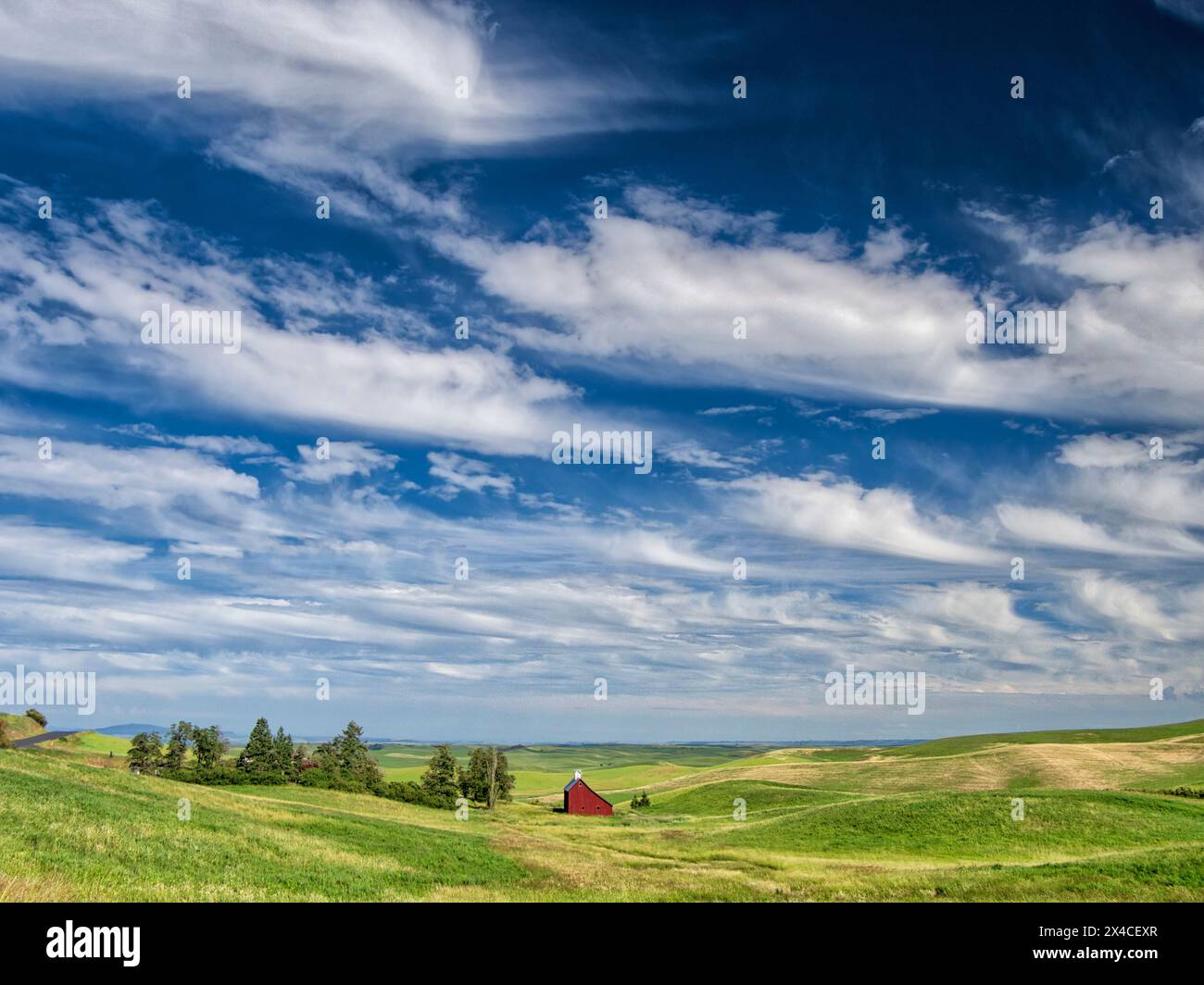 USA, Idaho, Palouse. Red barn on a farm in the Palouse during summer. Stock Photo