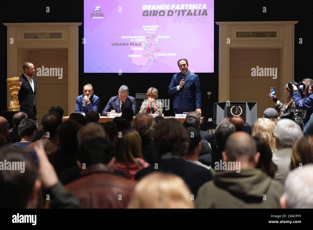 Lo Russo, Nibali, Cristellin, Cirio, Bellino during the Giro d&#x2019;Italia Big Start (Grande Partenza) press conference at Museo Egizio in Turin, North West Italy- Thursday, May 02, 2024. Sport - cycling . (Photo by Massimo Paolone/Lapresse) Stock Photo