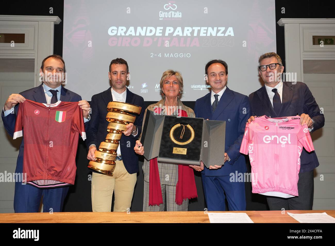 Lo Russo, Nibali, Cristellin, Cirio, Bellino during the Giro d&#x2019;Italia Big Start (Grande Partenza) press conference at Museo Egizio in Turin, North West Italy- Thursday, May 02, 2024. Sport - cycling . (Photo by Massimo Paolone/Lapresse) Stock Photo