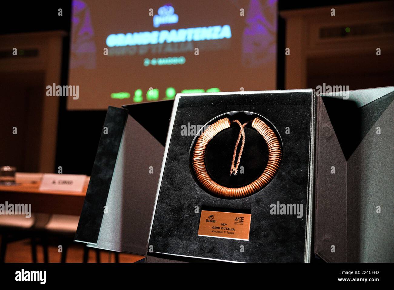 The Trophy of Museo Egizio during the Giro d&#x2019;Italia Big Start (Grande Partenza) press conference at Museo Egizio in Turin, North West Italy- Thursday, May 02, 2024. Sport - cycling . (Photo by Marco Alpozzi/Lapresse) Stock Photo